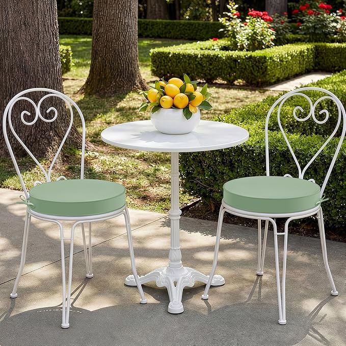 Outdoor Bistro Chair Cushions Set of 2, 15" D x 3" H Round Chair Cushions Waterproof and Fade Resistant Chair Cushion Pads with Non-Slip Ties and Removable Covers for Garden, Sage Green