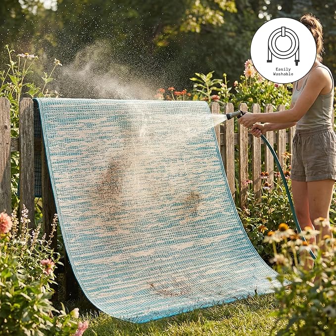 Fab Habitat Outdoor Rug - Waterproof, Fade Resistant, Crease-Free - Premium Recycled Plastic - Distressed Abstract - Porch, Deck, Balcony, Mudroom, Laundry Room, Patio - Brooklyn - Teal - 3 x 5 ft