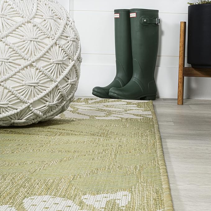 JONATHAN Y Floral Textured Weave Indoor Outdoor Runner Rug 2X10 Green/Cream, Zinnia Modern for Backyard, Patio, Porch, Easy-Cleaning, High Traffic, Pet-Friendly, Non-Shedding (SMB110H-210)