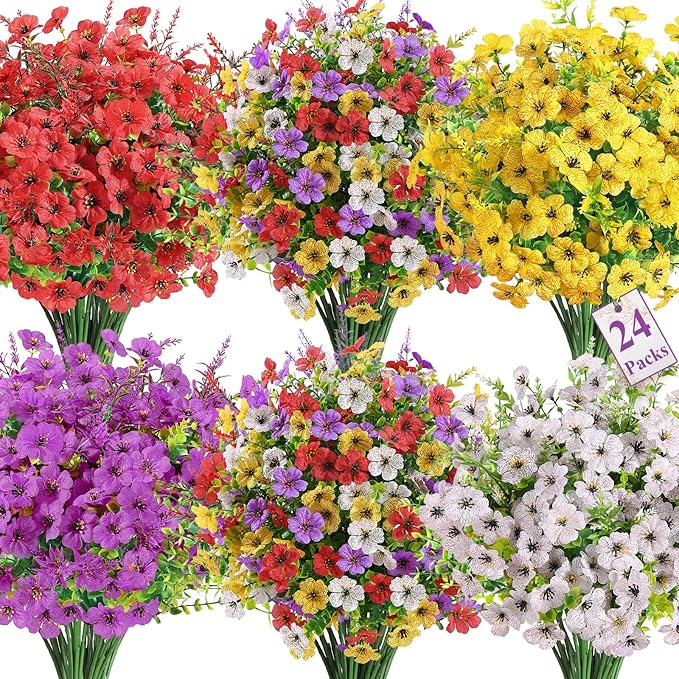 SHareconn 24 Bundles Artificial Flowers for Outdoors Decoration, Faux Plants Fake Silk Colorful Daisy Eucalyptus Lavender, UV Resistant for Outside Home Porch Indoor Spring Decor, RedPurpleYellowWhite