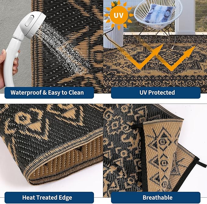 COZYLOOM 8x10 Outdoor Rug Waterproof Reversible Plastic Straw Mat, Large Dark Blue and White Vintage Medallion Patio Area Rug for Deck, Balcony, Camping, Beach, Picnic, Indoor/Outdoor Use