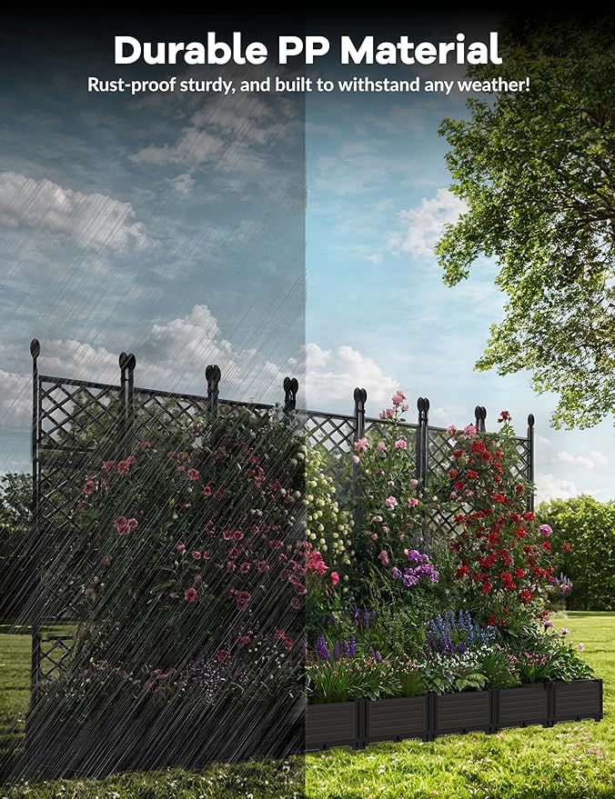7 PCS Raised Garden Bed with Trellis, 114"LX16"WX63"H Plastic Planter Box for Climbing Plants, Outdoor Vertical Garden with Privacy Screen for Patio, Balcony, Backyard – Sturdy & Lightweight