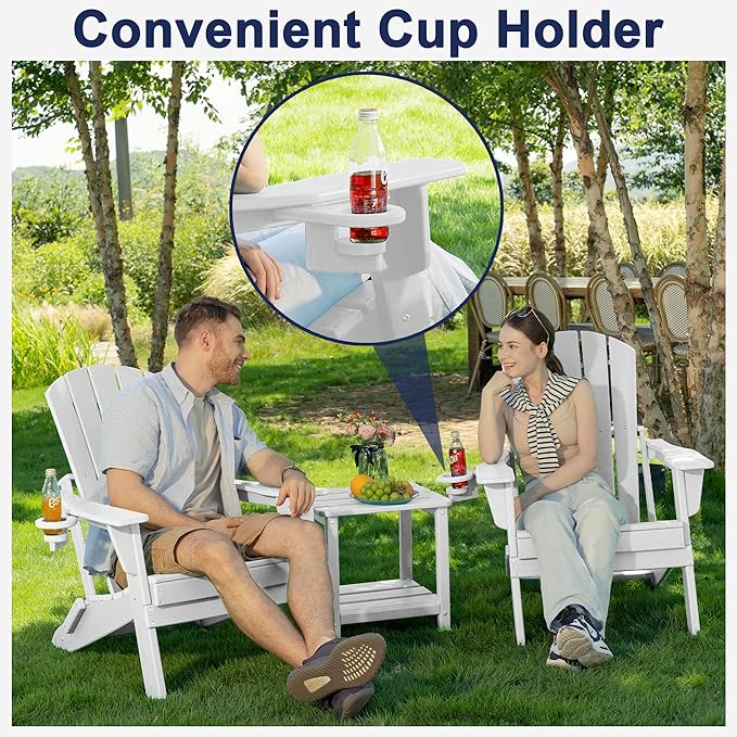 Plawdlik Folding Adirondack Chair Set of 6 with Cup Holder,Wooden Textured,Heavy All-Weather HDPE Comfortable Set Poolside Backyard Lawn,White
