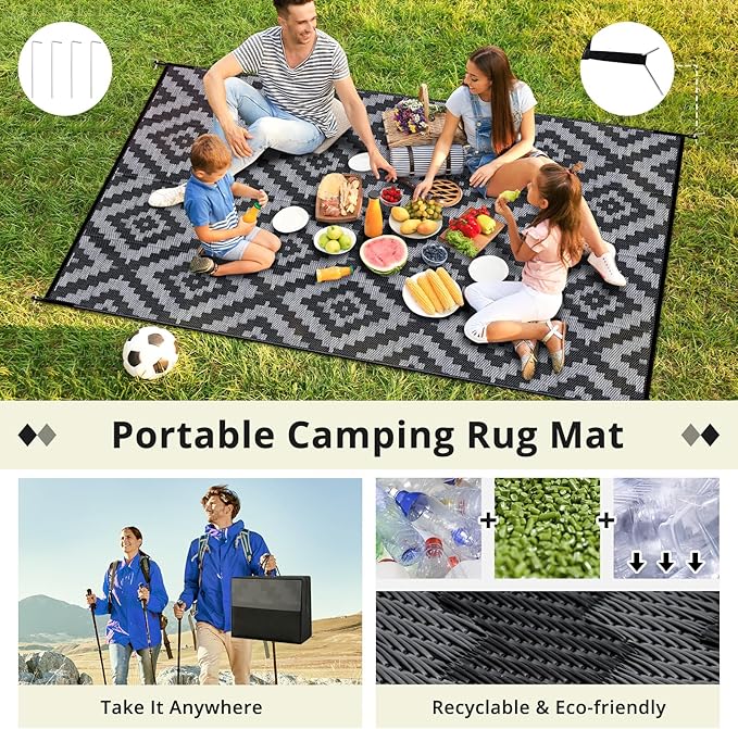 Outdoor Camping Rug Waterproof 6x9FT, Large Reversible Stain&UV Resistant Plastic Straw RV Rug for Outside Patio Pool Deck Beach Indoor, Area Carpet Mat with Portable Bag&4 Stakes-Black Grey Rhombus