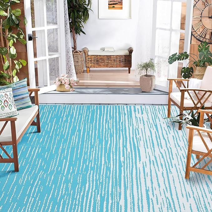 Outdoor Rug 6x9 Waterproof Patio Rugs Abstarct Line Reversible Mat for Front Door Rv Foldable Plastic Straw Carpet for Travel Trailers, Deck, Picnic, Porch, Camper, Balcony, Beach，Light Blue