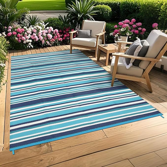 9x12 Outdoor Rug Waterproof Foldable Plastic Straw Carpet for Patio Porch Colorful Line Reversible Mat Lightweight Floor Mat for Picnic, Backyard, Rv, Beach, Deck, Camper, Balcony，Blue