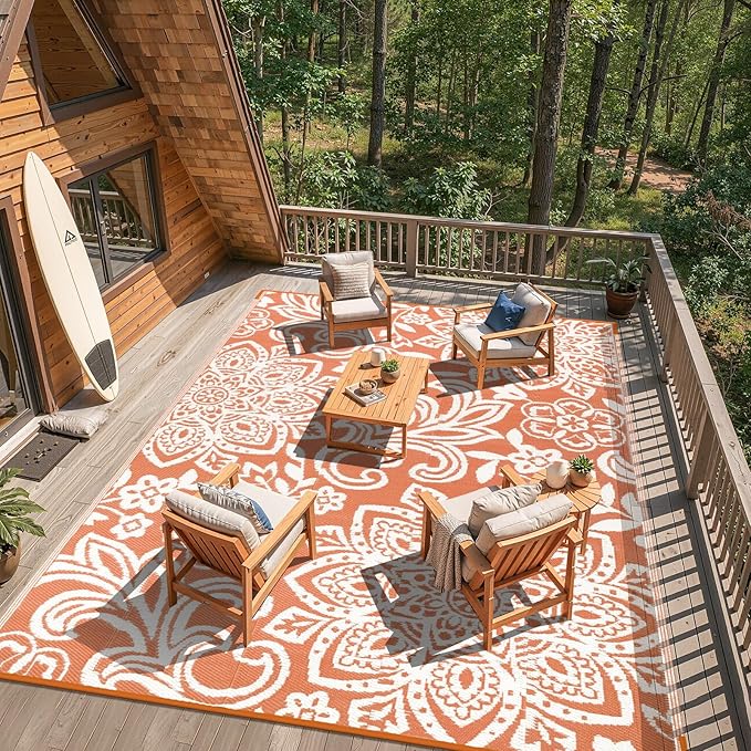 Findosom Waterproof Outdoor Rug 8' x 10' - Reversible Mandala Outdoor Plastic Straw Rug, Durable Foldable Patio Rug for RV, Deck, Balcony, Backyard, Picnic, Porch, Camping, Beach, Orange