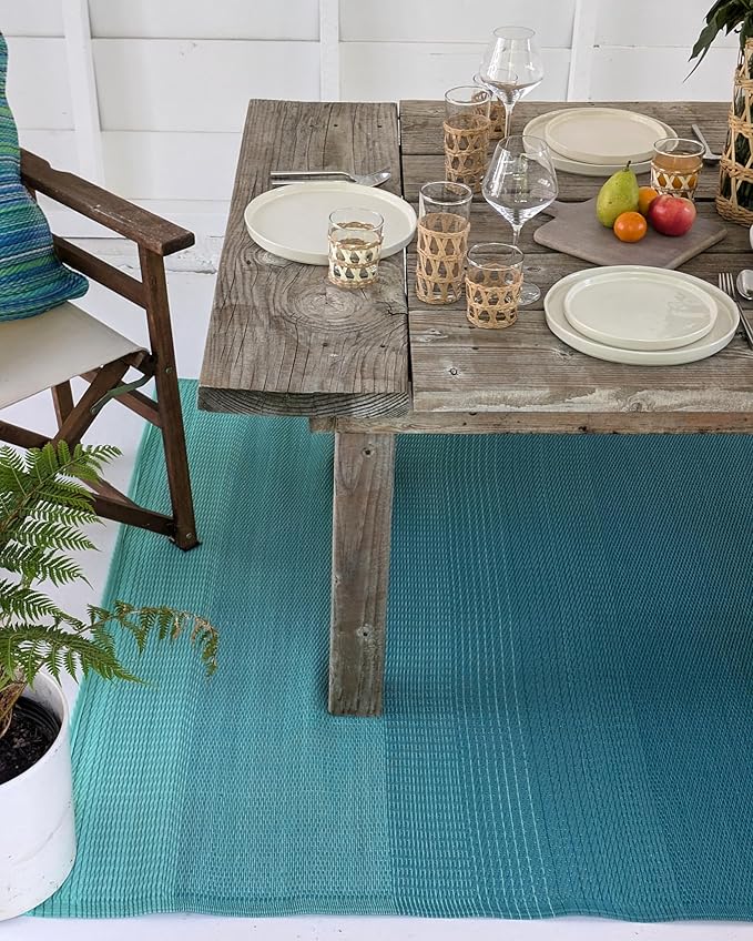 Fab Habitat Outdoor Rug - Waterproof, Fade Resistant, Crease-Free - Premium Recycled Plastic - Ombre - Porch, Deck, Balcony, Mudroom, Laundry Room, Patio - Big Sur - Teal - 3 x 5 ft