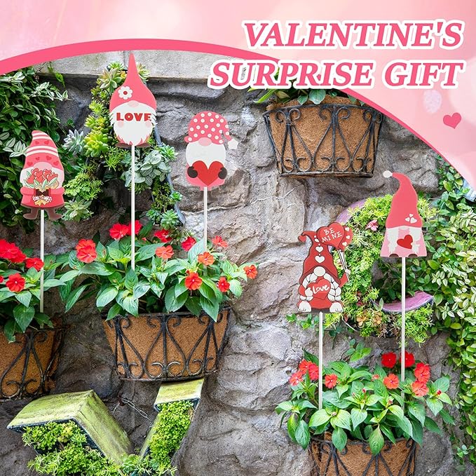Novabright 12 Pcs 12'' Valentine's Day Metal Gnomes Yard Planter Stakes Valentines Gnomes Garden Stakes Potted Plant Signs Outdoor Decorations for Planter Pot Lawn Patio Wedding Party Decor