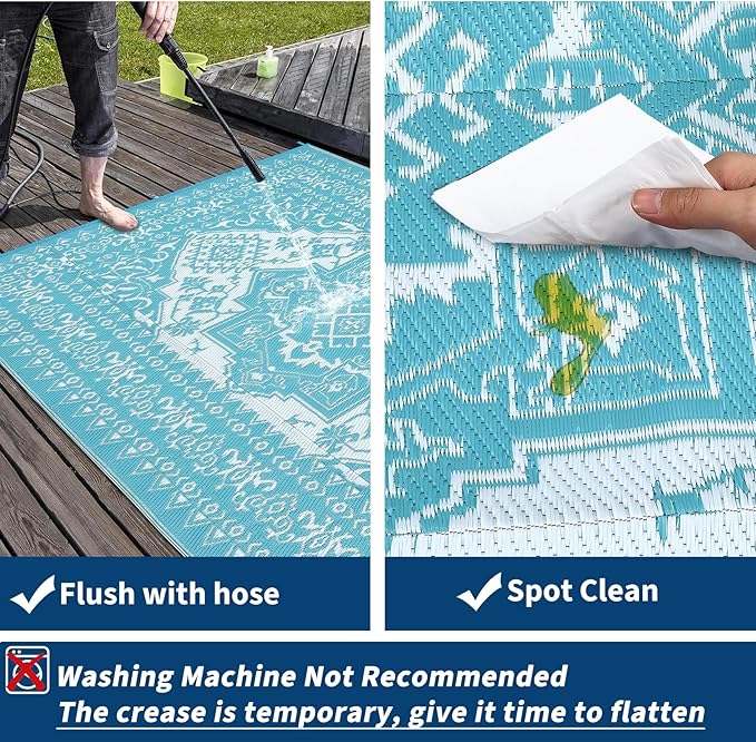 COZYLOOM Outdoor Rug 9x18 Waterproof Reversible Plastic Straw Mat, Large Patio Rug Vintage Medallion Area Rug Indoor Outdoor Rugs for Deck, Balcony, Camping, Beach, Picnic, Porch