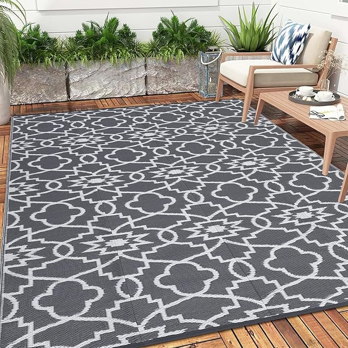 GAOMON Outdoor Rug Waterproof 8x10 Modern Camping Carpet for Patio, UV-Resistant Outdoor Plastic Straw Rug, Geometric Floral Reversible Floor Mats for Picnic, Porch, Deck, Beach, Grey/White(Floral)