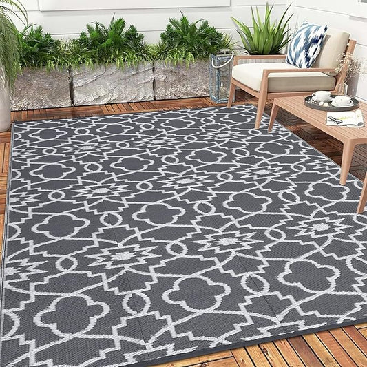 GAOMON Outdoor Rug Waterproof 8x10 Modern Camping Carpet for Patio, UV-Resistant Outdoor Plastic Straw Rug, Geometric Floral Reversible Floor Mats for Picnic, Porch, Deck, Beach, Grey/White(Floral)