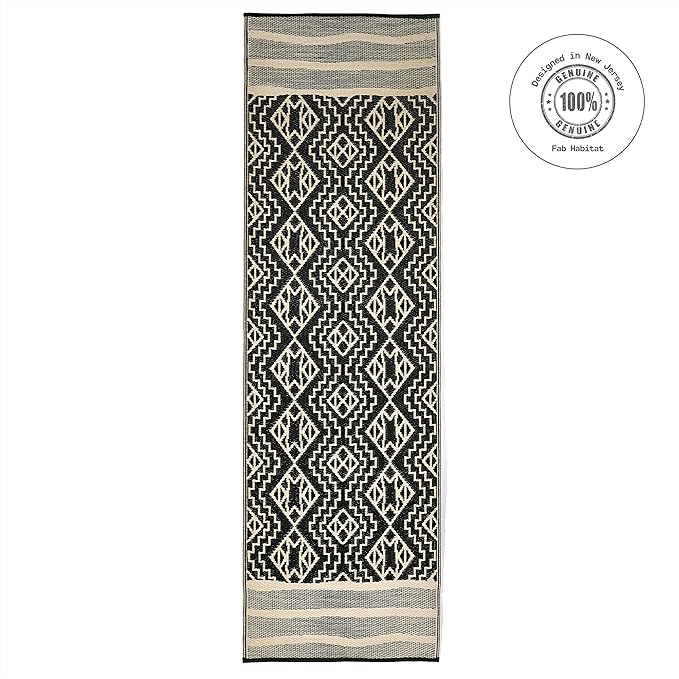 Fab Habitat Outdoor Rug - Waterproof, Fade Resistant, Crease-Free - Premium Recycled Plastic - Tribal Boho Neutral - Porch, Deck, Balcony, Hallway, Poolside - Kilimanjaro - Black - 2.5 x 8 ft Runner