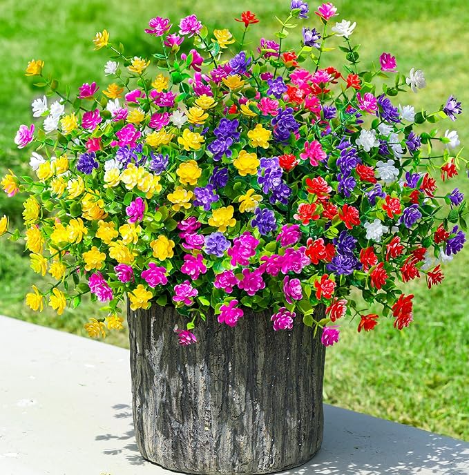 Ivydale Artificial Fake Flowers Plants for Outdoors Indoor Decoration, 12 Bundles Faux Plastic Mix-Colored Daisy Flowers UV Resistant Faux Mums Greenery Bushes Shrubs for Home Porch Patio Garden