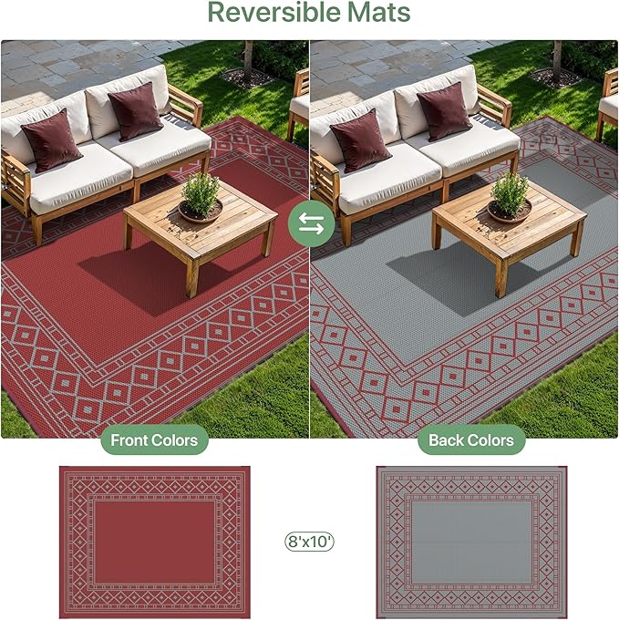GENIMO Outdoor Rug Waterproof 8'x10' for Patio, Foldable Reversible Plastic Straw Carpet for Travel Trailers, Outside Area Mat for Rv, Deck, Picnic, Porch, Balcony, Beach, Red & Grey