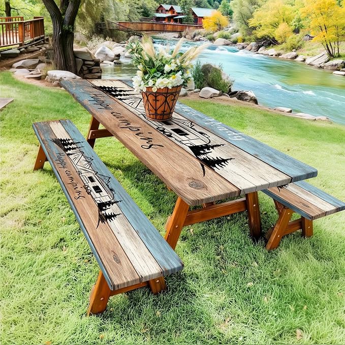 3PCS Picnic Table Cover with Bench Cover Wooden Happy Camping Tablecloth Fitted Picnic Picnic Table Cover with Elastic Windproof Waterproof, Outdoor & Garden Camping Accessories Essentials 72IN