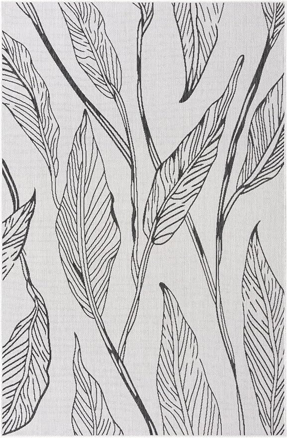 Unique Loom Outdoor Botanical Collection Area Rug - Leaf (6' 1" x 9' Rectangle, Charcoal Ivory)