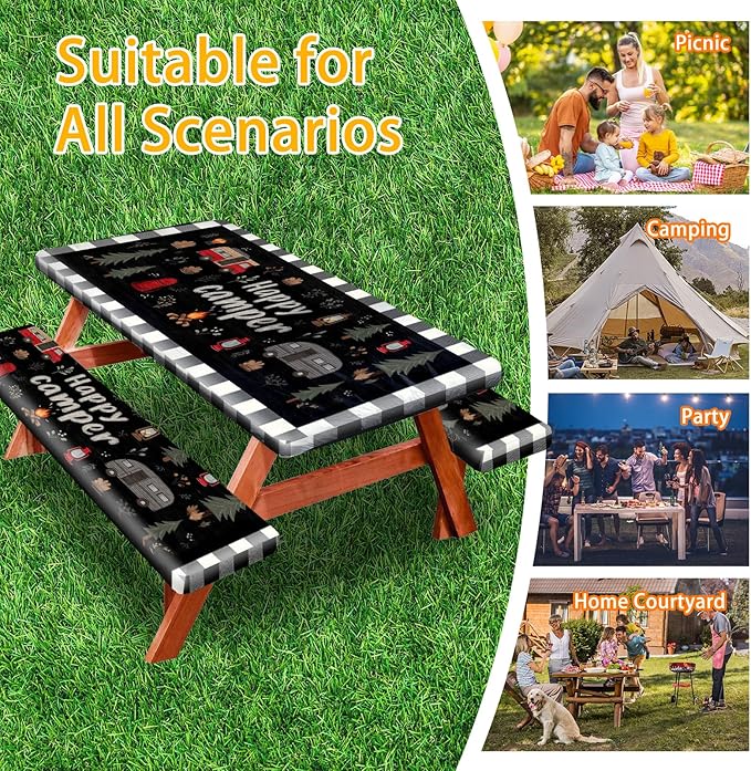 Picnic Table Cover with Bench Covers, Camping Essentials, Fitted Camping Tablecloth with Bag, Waterproof and oilproof with elastic Edge for Indoor Outdoor Patio, 72in (Happy Camper)