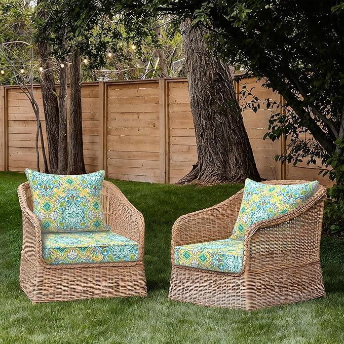 Outdoor Deep Seat Cushion Set, Water Repellent 24"x24" Patio Thick Cushions Replacement with Seat & Back Pillow for Patio Sofa, Wicker Chair, Couch - Damask Green
