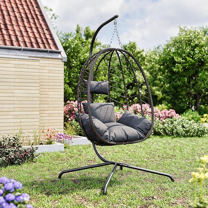 LEX CRAFT Egg Chair with Stand, Patio Wicker Hanging Chair, Hammock Swing Chair, 350LBS Capacity for Bedroom, Balcony, Garden(BR-GR)