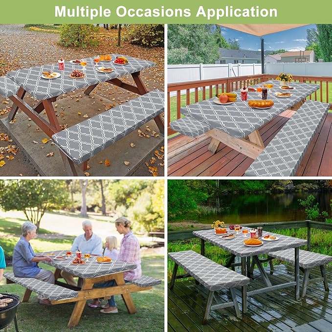 Play Tailor Picnic Table Cover with Bench Covers Camping Essentials Waterproof Windproof Camping Tablecloth with Drawstring Bag, Fitted Rectangle Tables and Seats, 72in, Grey