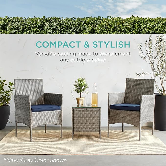 Best Choice Products 3-Piece Outdoor Wicker Conversation Bistro Set, Space Saving Patio Furniture for Garden w/Side Table - Taupe/White Sand