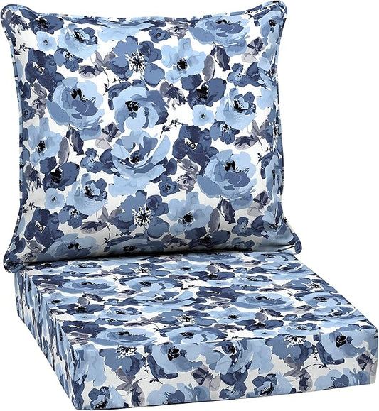 Arden Outdoor Deep Seat Cushion Set, 24 in x 24 in, Weather-Proof, Rain-Proof, Fade Resistant Patio Cushion for Chair, Sofa, and Couch Blue Garden Floral