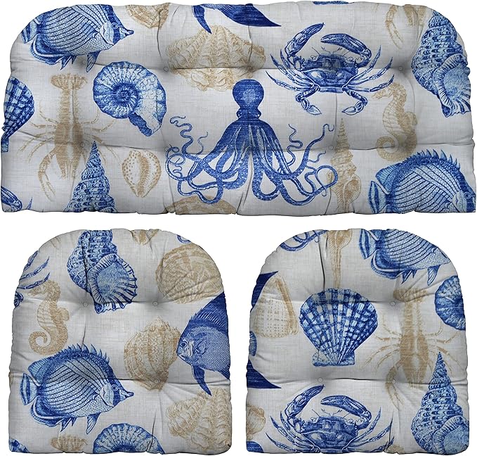 RSH DECOR: 3-Piece Wicker Tufted Cushion Set | for Large Wicker Sets | Outdoor Loveseat & U-Shaped Seat Cushions | Water & Fade-Resistant Spun Fabric | Blue Tan Crab