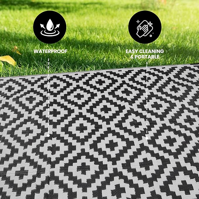 Utopia Home Waterproof Outdoor Rug for Patio 6 x 9 ft, Reversible Plastic Straw Mat for Camping, Picnics, Balcony, Patio, Diamond - Black & White