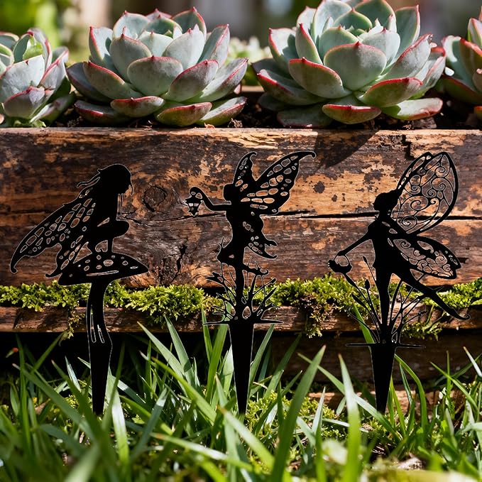 3-Piece Set Garden Fairy Metal Dancing Dandelion Flower Sculptures,Outdoor Decorative Stakes for Yard, Lawn, Flower Bed, Flower Pot (Style A)