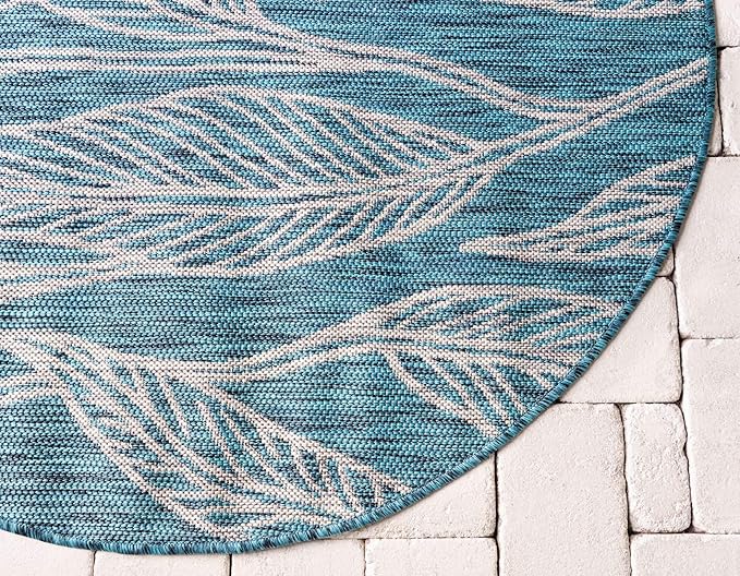 Unique Loom Outdoor Botanical Collection Area Rug - Leaf (4' 1" Round, Teal/ Ivory)