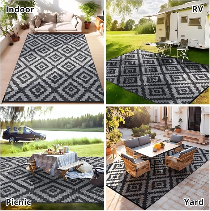Outdoor Camping Rug Waterproof 6x9FT, Large Reversible Stain&UV Resistant Plastic Straw RV Rug for Outside Patio Pool Deck Beach Indoor, Area Carpet Mat with Portable Bag&4 Stakes-Black Grey Rhombus