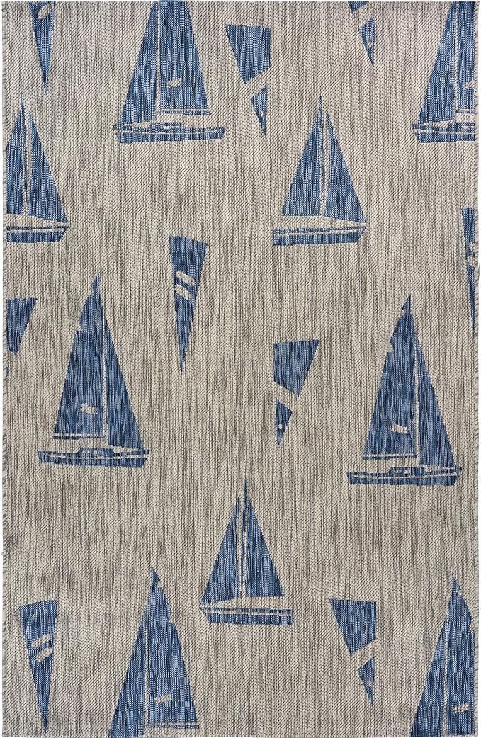 LR Home 8x10 Indoor/Outdoor Area Rug for Home Decor | Nautical Sailboats Large Size Carpet for Living Room, Bedroom, Playroom, Patio, Garden | Modern Farmhouse Rug | Gray/Blue