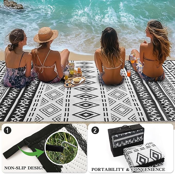 Wallona Outdoor Rugs 8x10 ft Patio Waterproof Clearance Indoor Outdoor Large Carpet for Patio Plastic Straw Reversible Area Rugs Mat for RV, Camping, Balcony, Beach, Picnic, Porch, Boho Black & White