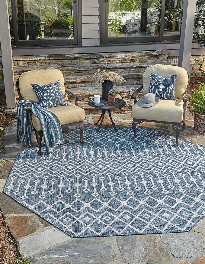 Unique Loom Outdoor Trellis Collection Area Rug - Tribal Trellis (4' 1" Octagon, Blue/ Ivory)
