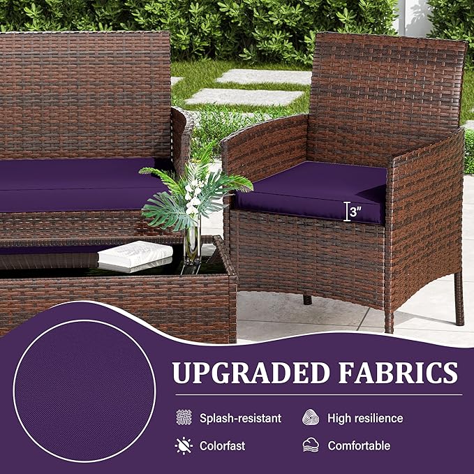 3 Pack Outdoor Replacement Cushions, Fit for 4-Seater Wicker Rattan Patio Conversation Set, 36x18x3,18x18x3, Liner & Cover