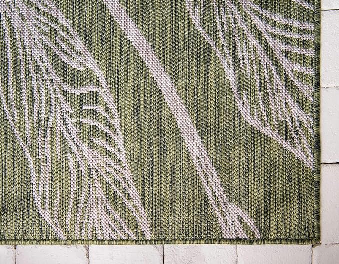 Unique Loom Outdoor Botanical Collection Area Rug - Leaf (2' x 6' 1" Runner, Green/ Ivory)