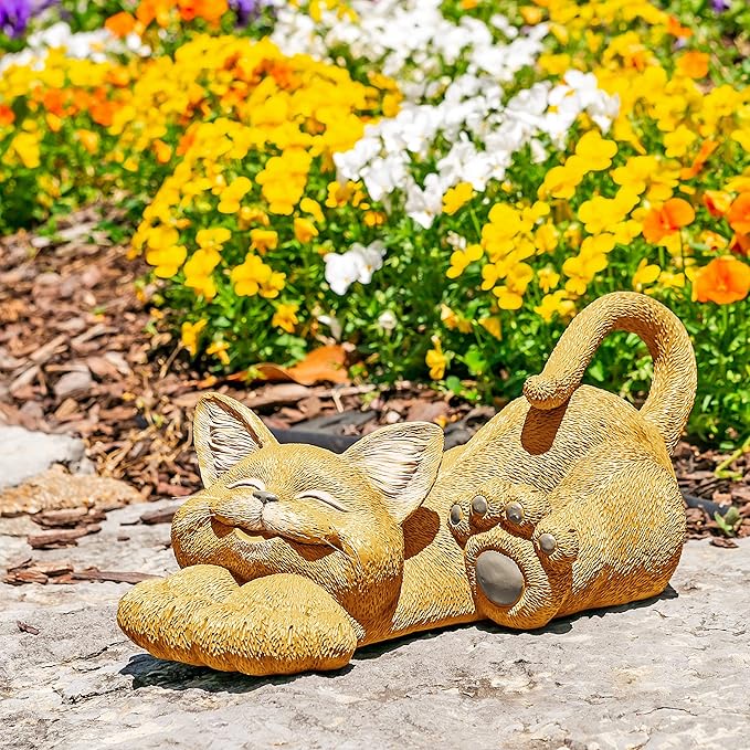 JFSM INC. 12" Whimsical Lounging Orange Cat Garden Statue - Indoor Outdoor Relaxed Zen Cat Sculpture - Garden Decorations for Patio Yard Lawn Porch