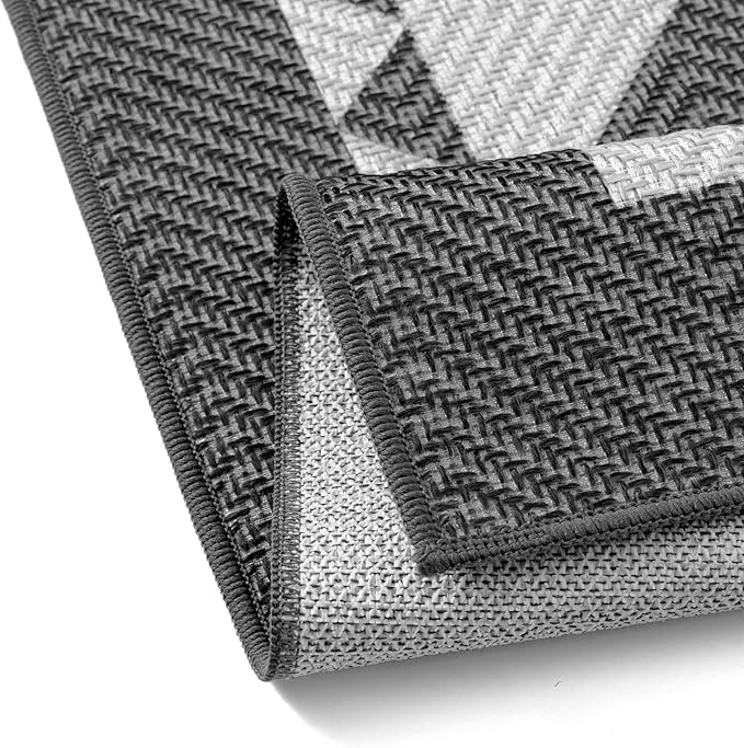 HUGEAR 9x12 Outdoor Rug Black/Grey Linen-Look Fabric Checkered Area Rug High Traffic Stain Resistant Easy Clean Durable Rugs for Indoor/Outdoor Patio Deck Balcony Porch Garden Courtyard
