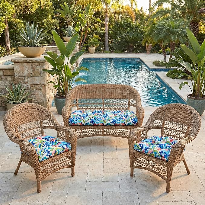 RSH DECOR: 3-Piece Wicker Tufted Cushion Set | 44" x 22" Loveseat & 22" x 22" U-Shapes | Outdoor Replacement Cushions | Water & Fade-Resistant Spun Fabric | Made in USA (SOMAP Multi)