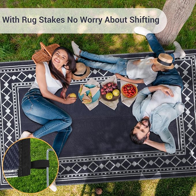 Garvee Outdoor Rug 10x14 for Patios Clearance,Waterproof Mat,Large Outside Carpet,Reversible Plastic Straw Camping Rugs,Porch,Deck,Balcony,Backyard,Black/Blue