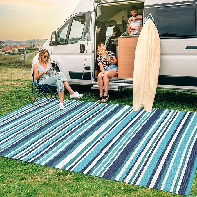 9x12 Outdoor Rug Waterproof Foldable Plastic Straw Carpet for Patio Porch Colorful Line Reversible Mat Lightweight Floor Mat for Picnic, Backyard, Rv, Beach, Deck, Camper, Balcony，Blue