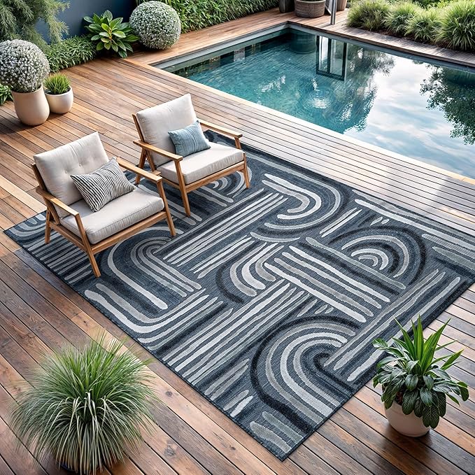CAMILSON Indoor Outdoor Rug, Navy Blue 10x14 Geometric Arch Striped Large Area Rugs for Patio and Home Areas, Easy-Cleaning Non-Shedding Living Room, Garden and Deck Washable Outside Carpet 10 x 14