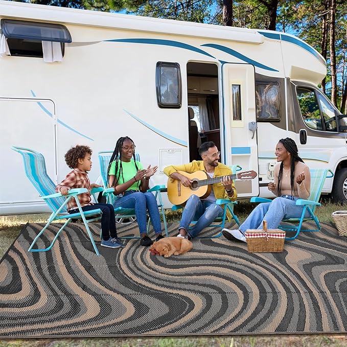 10x20 Large Outdoor Patio Rug Modern Abstarct Plastic Straw Outdoor Rugs Waterproof Foldable UV Resistant Camping Reversible Mats for Deck, Camper, Balcony, Beach, Rv，Black/Gray/Brown