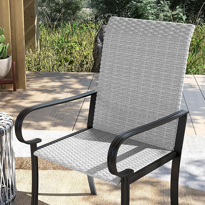 Outsunny Set of 2 Outdoor Wicker Dining Chairs, All-Weather Rattan Armchairs with Armrests, Steel Frame, High Back and Deep Seating, for Garden, Patio, Deck, Yard, Poolside, Gray