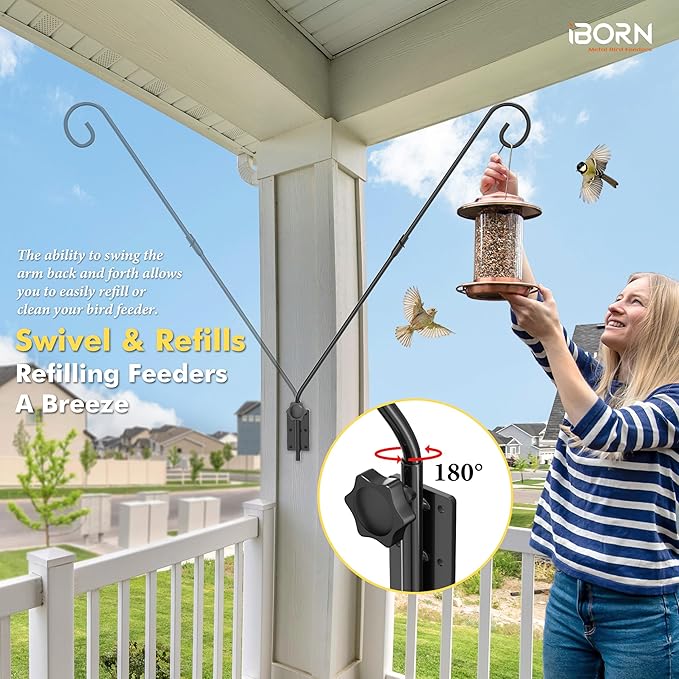 iBorn Wall Mount Deck Hook, 28" Hummingbird Feeder Hanger, Heavy Duty Bird Feeder Pole for Hanging Bird Feeder, Planter, Suet Baskets, Wind Chimes, 180° Rotatable Arm, Solid Wire, Pack of 1