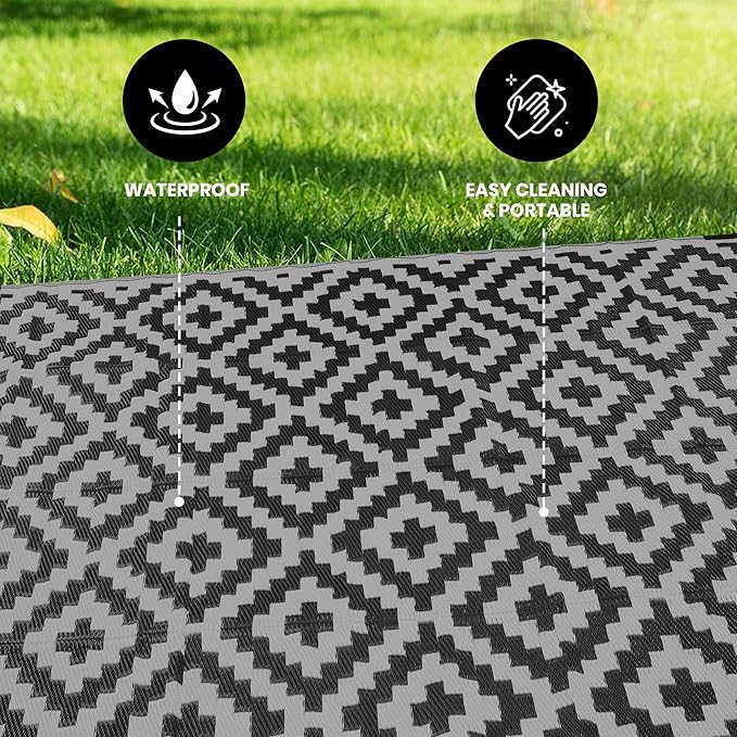 Utopia Home Waterproof Outdoor Rug for Patio 9 x 12 ft, Reversible Plastic Straw Mat for Camping, Picnics, Balcony, Patio, Diamond - Black & Grey