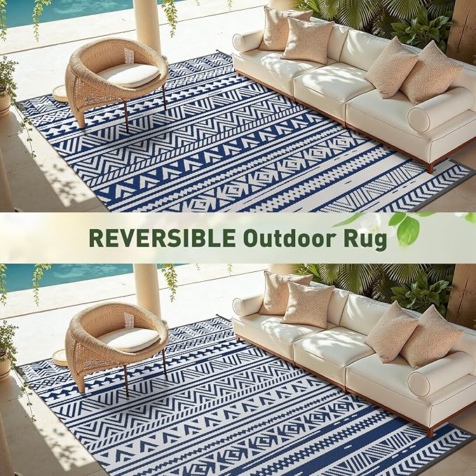 MontVoo Outdoor Rug 8x10 Waterproof Outdoor Patio Rug Mat Reverisble Plastic Straw Outdoor Rug for RV Camping Picnic Beach Balcony Boho Navy Blue