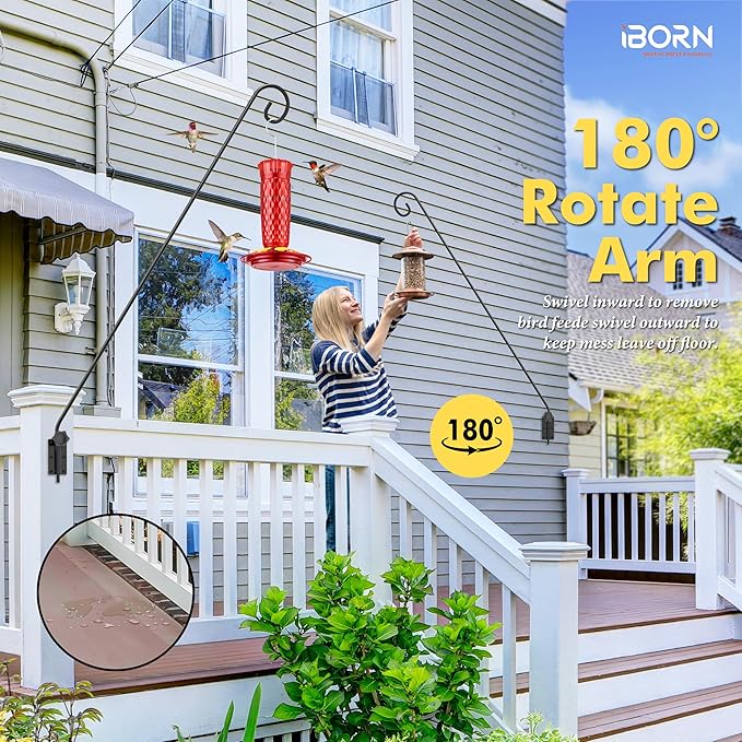 iBorn Wall Mount Deck Hook, 40" Squirrel Proof Bird Feeder Pole, Heavy Duty Extended Reach Wall Mounted Deck Hook Wall Pole, 180° Rotatable Arm, Solid Wire, Pack of 2