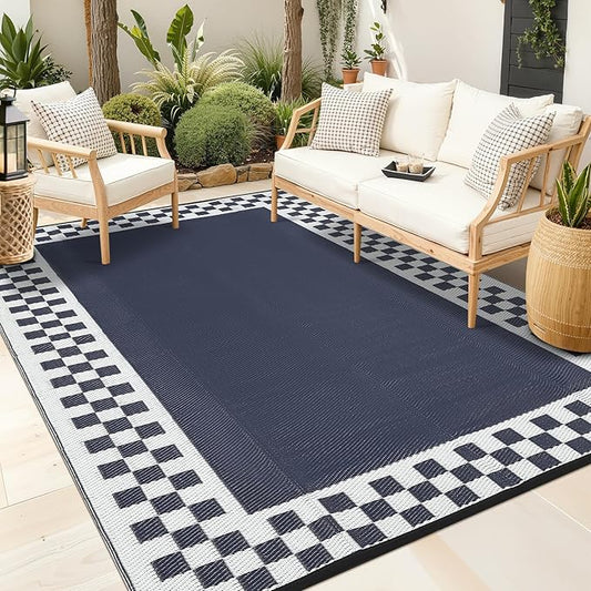 Garvee 8x10 Outdoor Waterproof Rug Reversible Modern Geometric Neutral Outdoor Patio Rug, Weather Resistant Plastic Straw Rugs Portable Camping Carpet for Garden Backyard Balcony,Navy & White